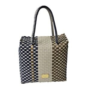CYH Woven Tote Bag Handbag Purse Blue Brown Beige Small